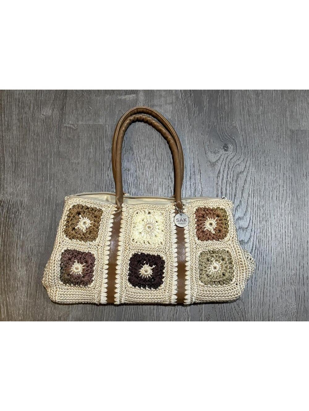 The Sak Granny Square Knit Purse Shoulder Bag Beige  Multi-color Hippie Retro